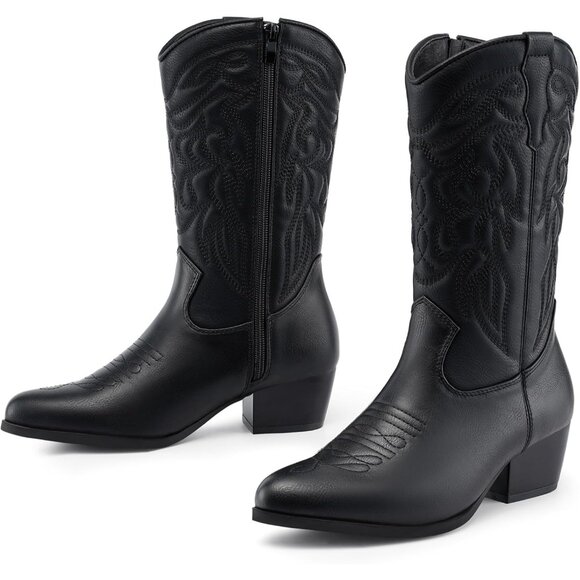 Women's Black Western Cowgirl Pointed Toe Zipper Mid Calf Horse Riding Boots - Picture 4 of 6